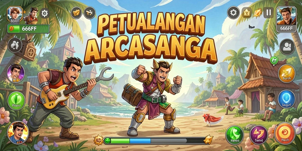 Tampilan gameplay seru dalam 666FF dengan karakter dan latar belakang yang menarik.