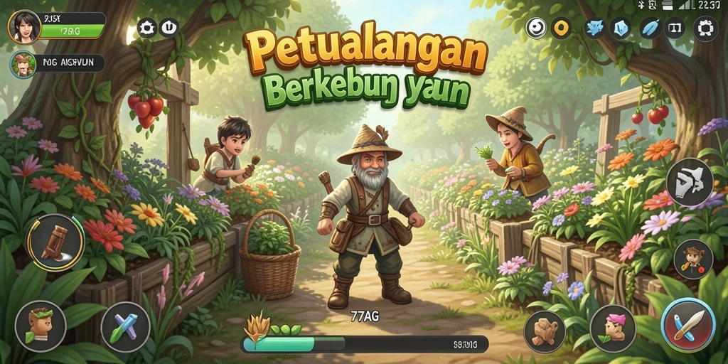 Tangkapan layar dari gameplay 77AG menampilkan kebun yang rimbun dan hewan ternak.