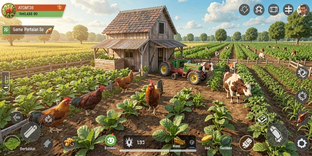 Tangkapan layar gameplay ATOM138 menunjukkan suasana pertanian yang cerah dan aktif.