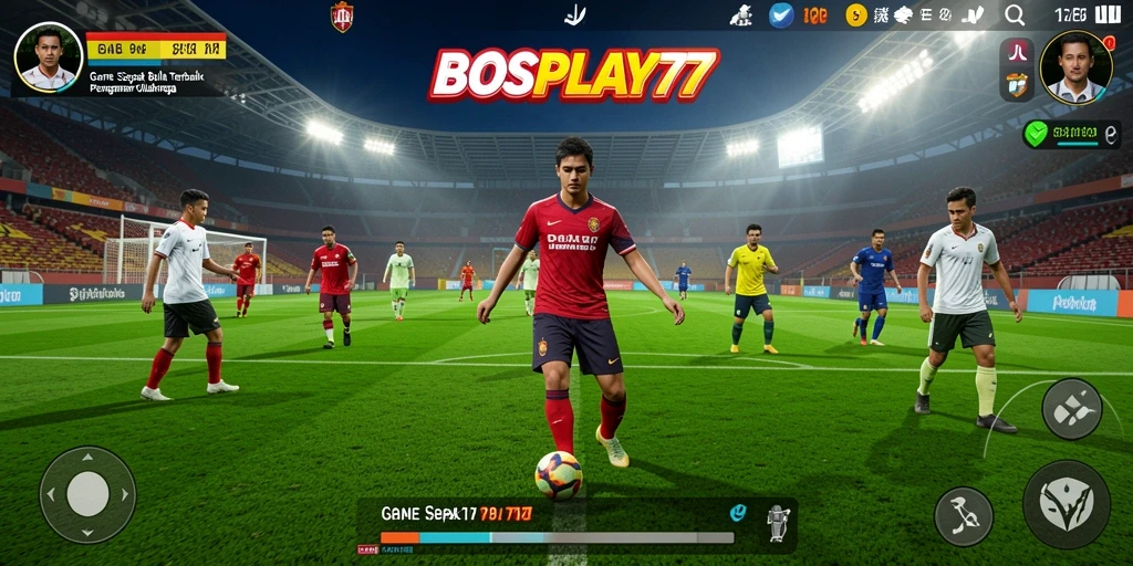 Screenshot utama BOSPLAY77 menampilkan aksi laga sepak bola yang mendebarkan.