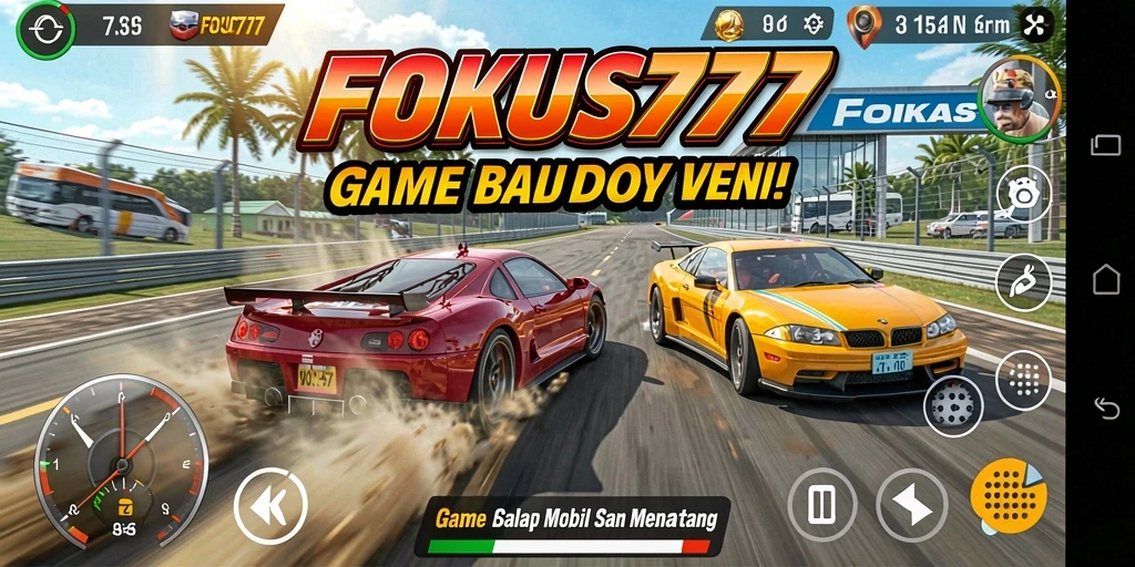 Gameplay seru FOKUS777 dengan mobil balap yang cepat.