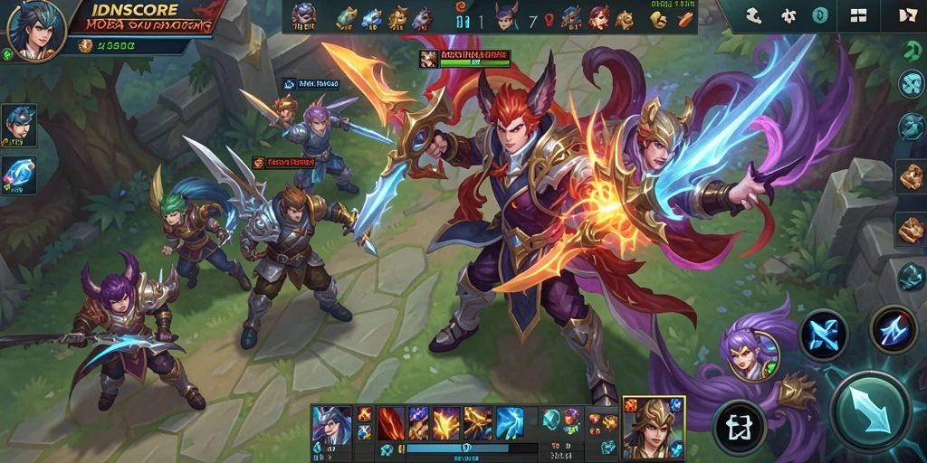 Tangkapan layar IDNSCORE menampilkan aksi pertempuran seru dalam game MOBA.