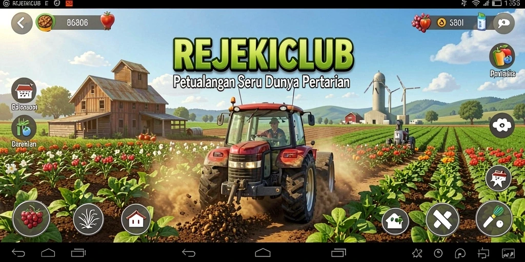 Tampilan gameplay seru dalam REJEKICLUB yang menampilkan pertanian.